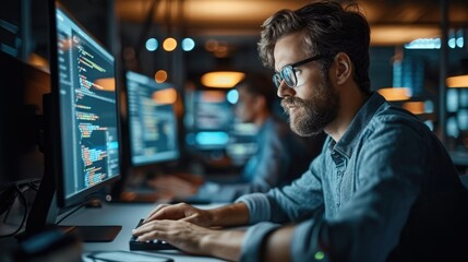Leinwandbilder - Busy AI developer immersed in coding at the office. Generative AI.