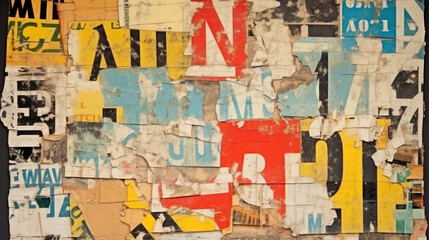 Poster - Collage of many numbers and letters ripped torn advertisement street posters grunge creased crumpled paper texture background placard backdrop surface , copy space