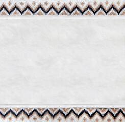 Sticker - Horizontal or vertical backdrop with suede texture and border of wool material with knitted ornament. Background for scrapbooking with suede leather and sweater knitted texture. Copy space for text