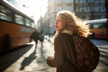 A beautiful  backpacker running and catching a bus on the street.