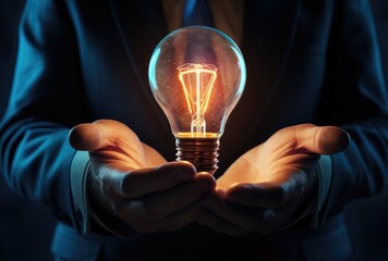 Wall Mural - Innovation and inspiration illustrated through a businessman's grasp on a glowing light bulb.