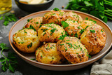 Fototapeta Dinusie - Traditional Russian baked potatoes in a plate with butter and parsley, Image for the menu of a restaurant, cafe