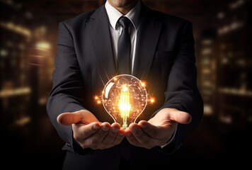 Wall Mural - A glowing light bulb held by a businessman, symbolizing the synergy of innovation and inspiration.