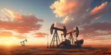Oil Pumps In Oilfield At Sunset, Oil Industry Banner.