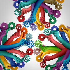 Fototapete - Teams Collaborating together and team collaboration concept or connecting unity teamwork idea as a business metaphor for groups joining a partnership as diverse people connected as employee cooperatio