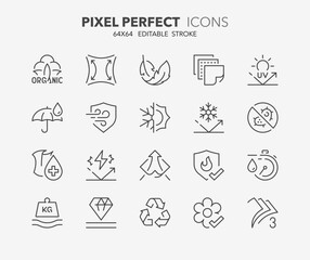 Line icons about fabric features. Outline symbol collection. Editable vector stroke. 64x64 Pixel Perfect.