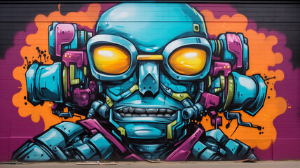 Wall Mural - Graffiti style robot with bold spray paint colors art