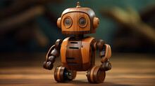 Wooden Toy Robot With Wood Grain Textures And Carved Object