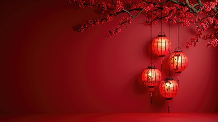 Chic Lunar New Year Decor Minimalist Red Backdrop with Stylish Hanging Lanterns and Copy Space