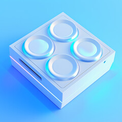 A white box with three boxes on the inside and two blue discs on the outside