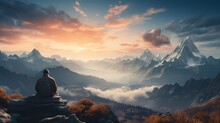 Traveler Man Relaxing Alone On Rocky Mountain Summit Over Clouds Travel Lifestyle Success Concept Adventure Active Vacations Outdoor Top View
