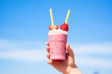 Hand Holding Berry Smoothie Against Blue Sky