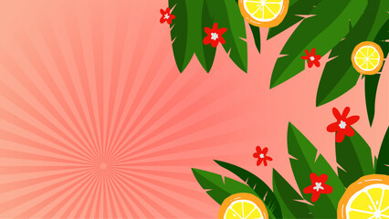 Wall Mural - Colorful colourful vector hello summer background design with abstract tropical leaves and flower. Vector realistic summer background with vegetation