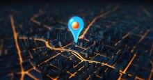 A Glowing Geolocation Marker On A Map Of A Nighttime City