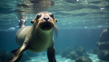 Funny Sea Lion Swimming Underwater In The Ocean. Animal Theme.