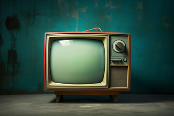 Wall Mural - TV room. Vintage television on a painted wall background.