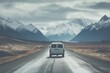 Adventure unfolds: Van journeying toward snowy, mist-shrouded mountains, a scenic road trip into the wintry unknown.