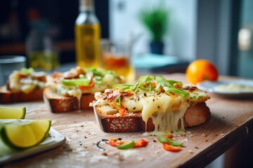 Poster - slices of roasted bread with melted aged cheese topping