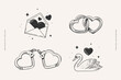 Set of strong love and romance symbols in linear style. Love letter, chained hearts, white swan and heart shaped handcuffs. Valentine's day vector illustration. Wedding attributes on light background