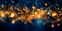 Dark Blue Gradient Background With Stars And Circles In Gold Color In Bokeh Effect.Glitter Luxury Gold. The Background For The Holiday.	