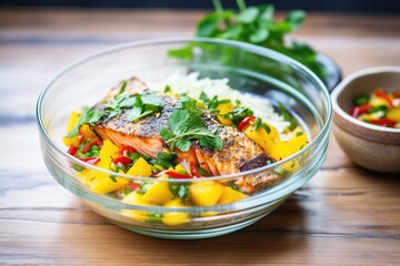 Wall Mural - baked salmon with a mango salsa in a glass bowl