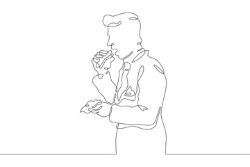 Wall Mural - A man eats street food. Fast food. A man holds food in his hands.One continuous line drawing. Linear. Hand drawn, white background. One line