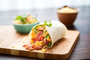 Wall Mural - breakfast burrito with eggs and bacon on a wooden board