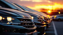 Row of brand new cars lined up outdoors in a parking lot at sunset