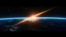 3D Rendering Of Earth From Space With Run Rising And Ray Light Flare At Horizon Among Glowing Stars In Galaxy. For Wallpaper, Sci Fi, Science Or Technology Background