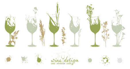 Colorful wine designs - Collection of wine glasses. Sketch vector illustration. Elements for invitation cards, advertising banners and menus. Wine glasses with plants, grasses and splashing wine.