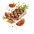 Grilled salmon steak with lemon, tomatoes and rosemary flying in the air, realistic 3d, meat collection, ultra realistic, icon, detailed, angle view food photo, steak composition