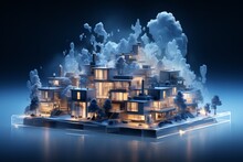 Futuristic Townhouse Village Aerial Perspective, On An Isolated Hazy Blue Background, Generative AI