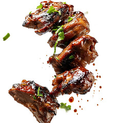 Grill Pork ribs, realistic 3d ribs flying in the air, grilled meat collection, ultra realistic, icon, detailed, angle view food photo, steak composition