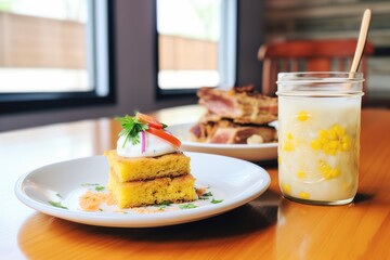 Sticker - corn chowder served with a side of cornbread