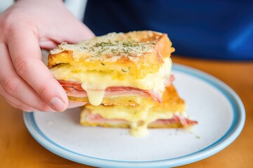 Poster - hand holding half-eaten croque monsieur, melted cheese visible