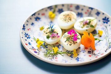 Wall Mural - deviled eggs on a festive plate with floral patterns