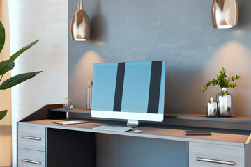 Poster - Close up of modern office workplace with computer monitor and reflections. 3D Rendering.
