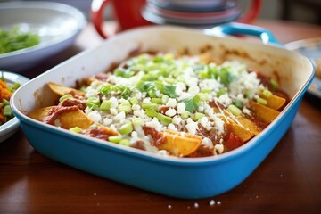 Sticker - baking dish filled with cheese enchiladas in red sauce