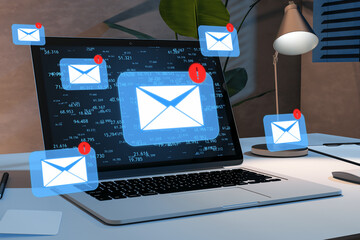 Fototapete - Laptop on home office desk with email notifications, forex background, evening setting. 3D Rendering