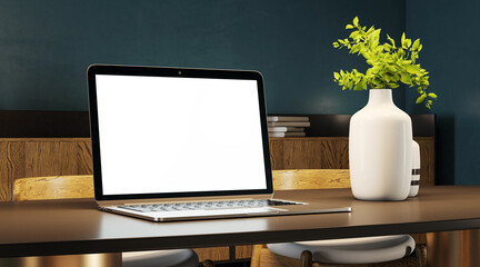 Poster - Elegant laptop setup with decorative vases and plants on a wooden desk, modern office design. 3D Rendering