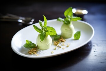 Wall Mural - green tea ice cream scoops with mint leaves