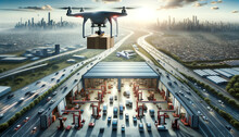 A Drone In Mid-flight, Transporting A Package From A Large Distribution Warehouse