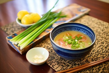 Poster - miso paste beside bowl of soup, green onions garnish