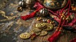 Photo chinese coins of luck or chinese knot and chinese gold ingots