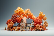 Townhouses In Autumn Aerial Landscape, On An Isolated Maple Red Background, Generative AI