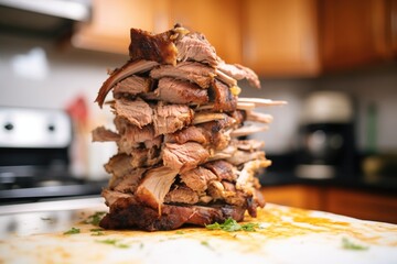 Poster - stacked spiced shawarma meat before grilling, close-up in kitchen