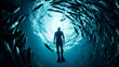 un homme qui fait de la plongée sous-marine entouré d'un banc de poissons en train de tourner autour de lui - vu du dessous