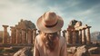A young woman in a straw hat looks at the ancient city of Agrigento in Sicily, Italy.AI.