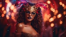 Beauty Model Woman Wearing Venetian Masquerade Carnival Mask At Party Over Holiday Dark Background With Magic Stars. Christmas And New Year Celebration
