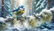  Snowy Scene with a Delightful Blue Tit Songbird Perched on a Lichen-Covered Branch, Adding Charm to the Winter Landscape.